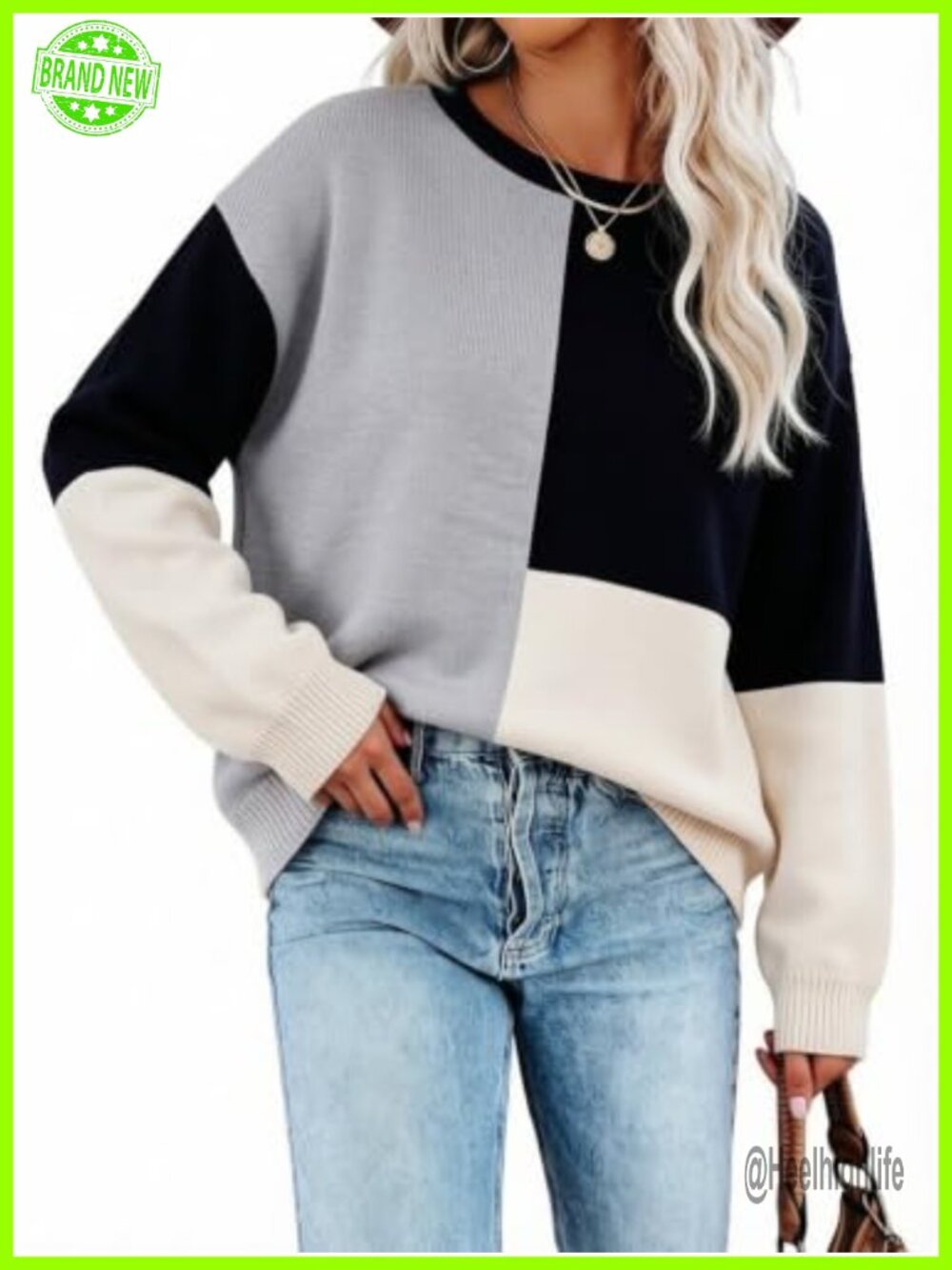 ECOWISH Women's Long Sleeve Crew Neck Color Block Knit Pullover Sweater